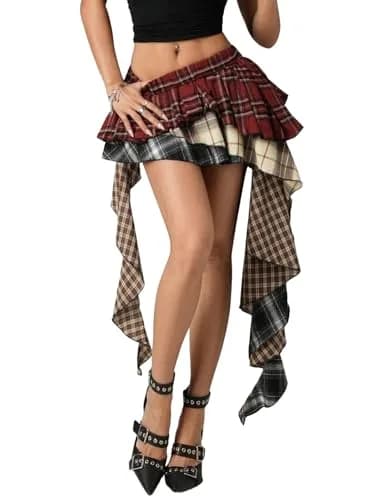 Verdusa Plaid Skirts for Women Y2k Asymmetrical Mini Skirt Multicolor | Trendy, Comfortable & Perfect for Festivals thumbnail 1
