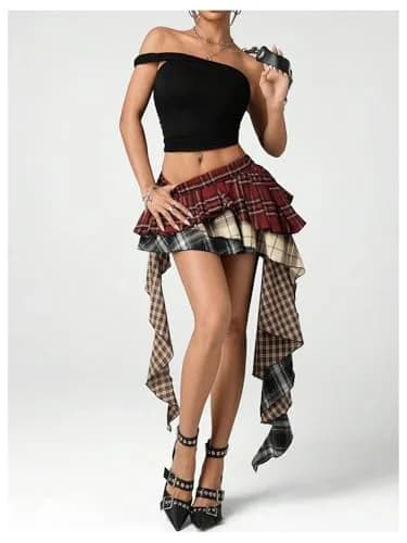 Verdusa Plaid Skirts for Women Y2k Asymmetrical Mini Skirt Multicolor | Trendy, Comfortable & Perfect for Festivals thumbnail 4