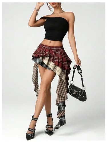 Verdusa Plaid Skirts for Women Y2k Asymmetrical Mini Skirt Multicolor | Trendy, Comfortable & Perfect for Festivals thumbnail 6