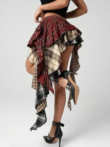 Verdusa Plaid Skirts for Women Y2k Asymmetrical Mini Skirt Multicolor | Trendy, Comfortable & Perfect for Festivals thumbnail 2