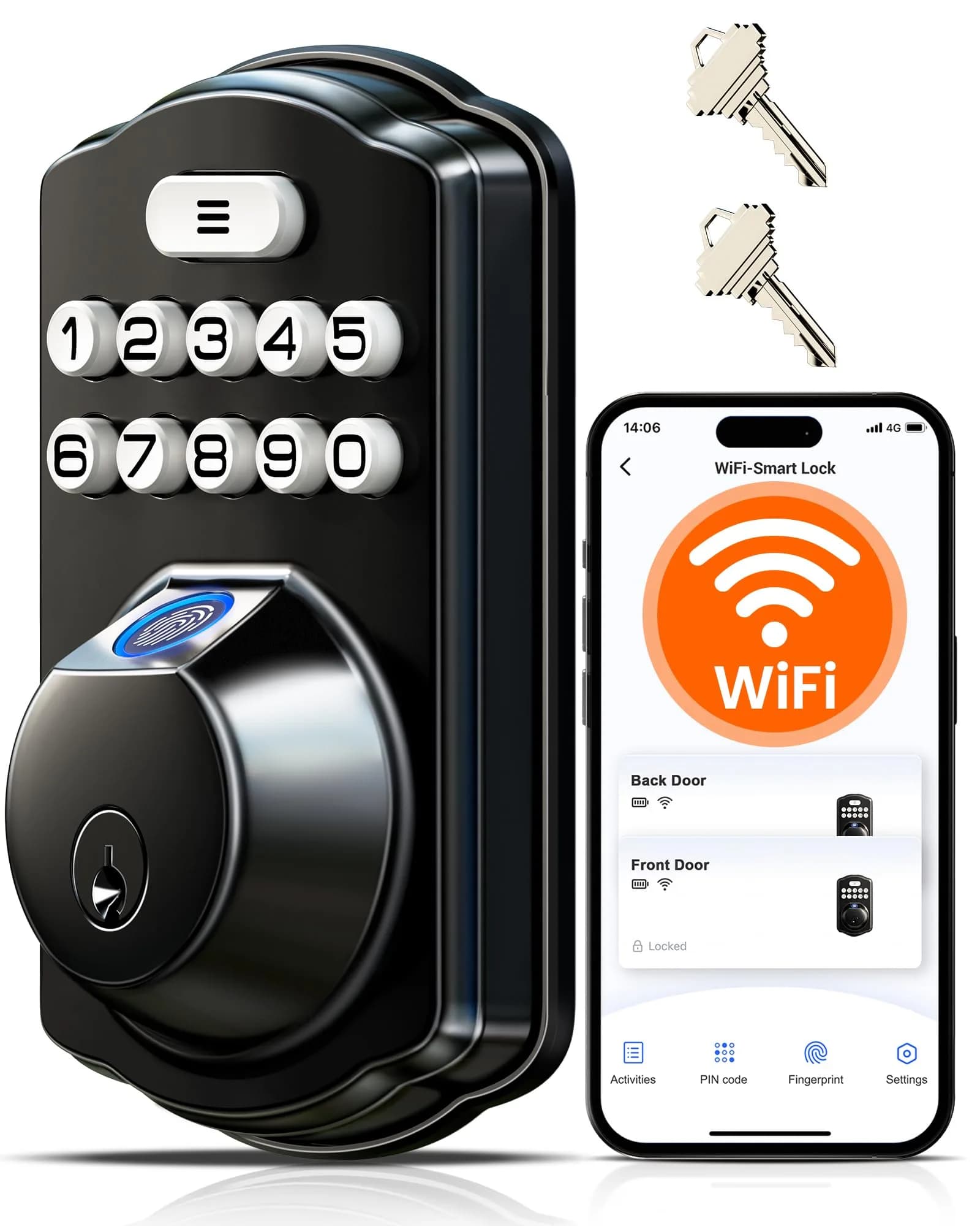 Veise VE012W WiFi Fingerprint Smart Lock for Front Door, Matte Black - 1.68 lbs (0.76 kg) — Black