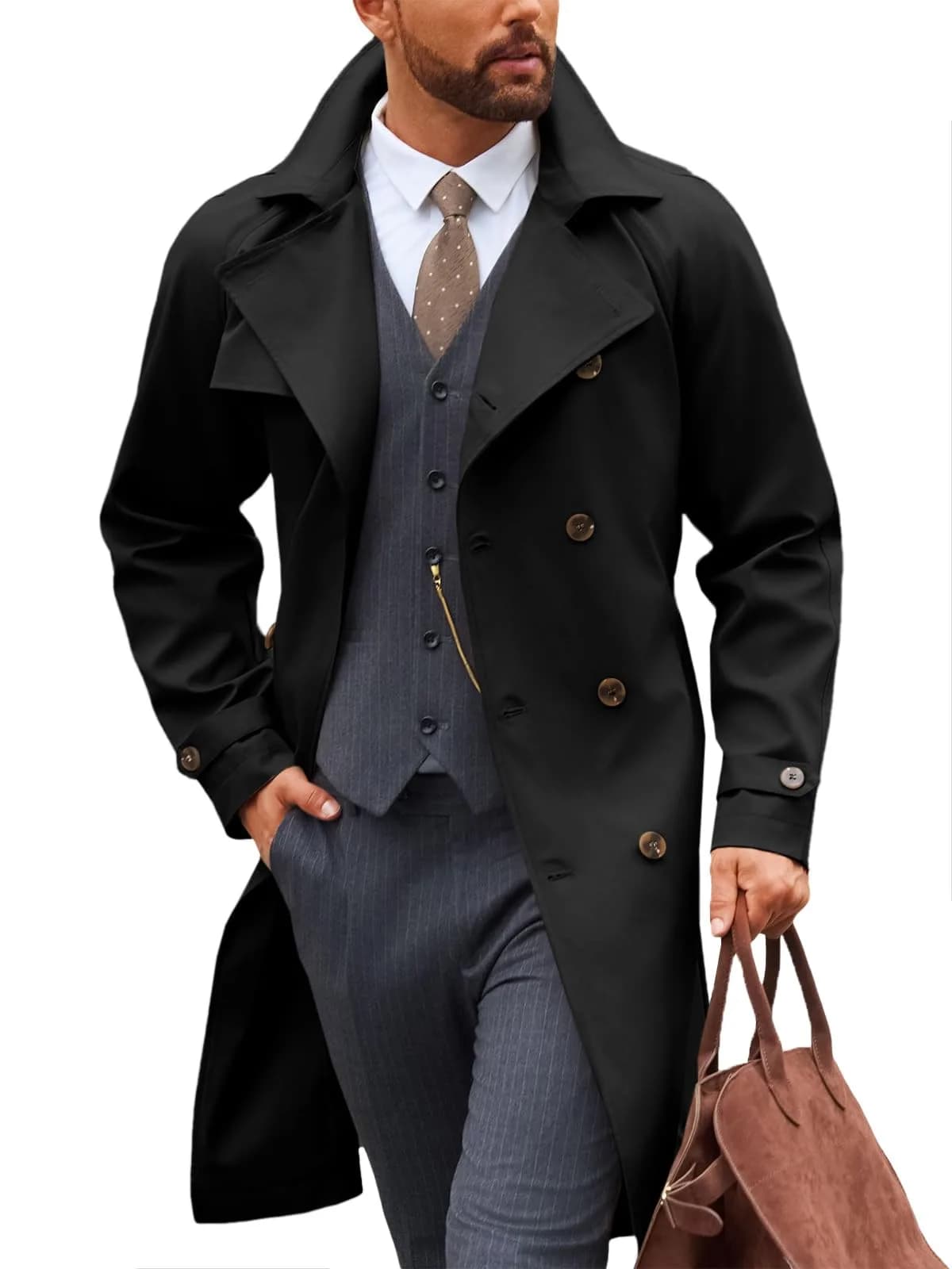 Runcati Mens Trench Coat Double Breasted Windbreaker Long Jacket Overcoat | Water-Resistant, Classic Fall Style — Black