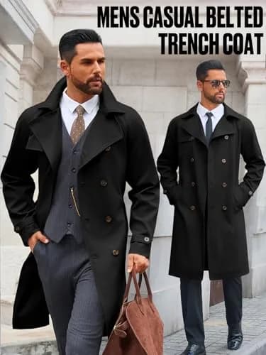 Runcati Mens Trench Coat Double Breasted Windbreaker Long Jacket Overcoat | Water-Resistant, Classic Fall Style thumbnail 5