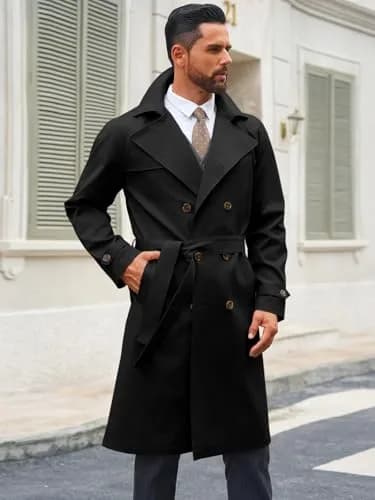 Runcati Mens Trench Coat Double Breasted Windbreaker Long Jacket Overcoat | Water-Resistant, Classic Fall Style thumbnail 3