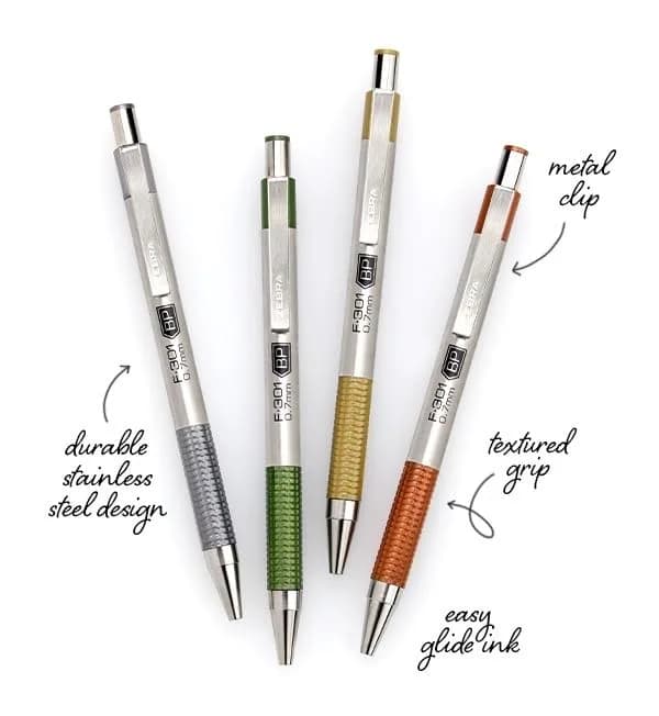 Zebra Pen F-301 Signature Series Retractable Ballpoint Pen, 0.7mm, Black Easy-Glide Ink, Stainless-Steel Barrel with Sage Earth Tone Accents, 4-Pack - view 4