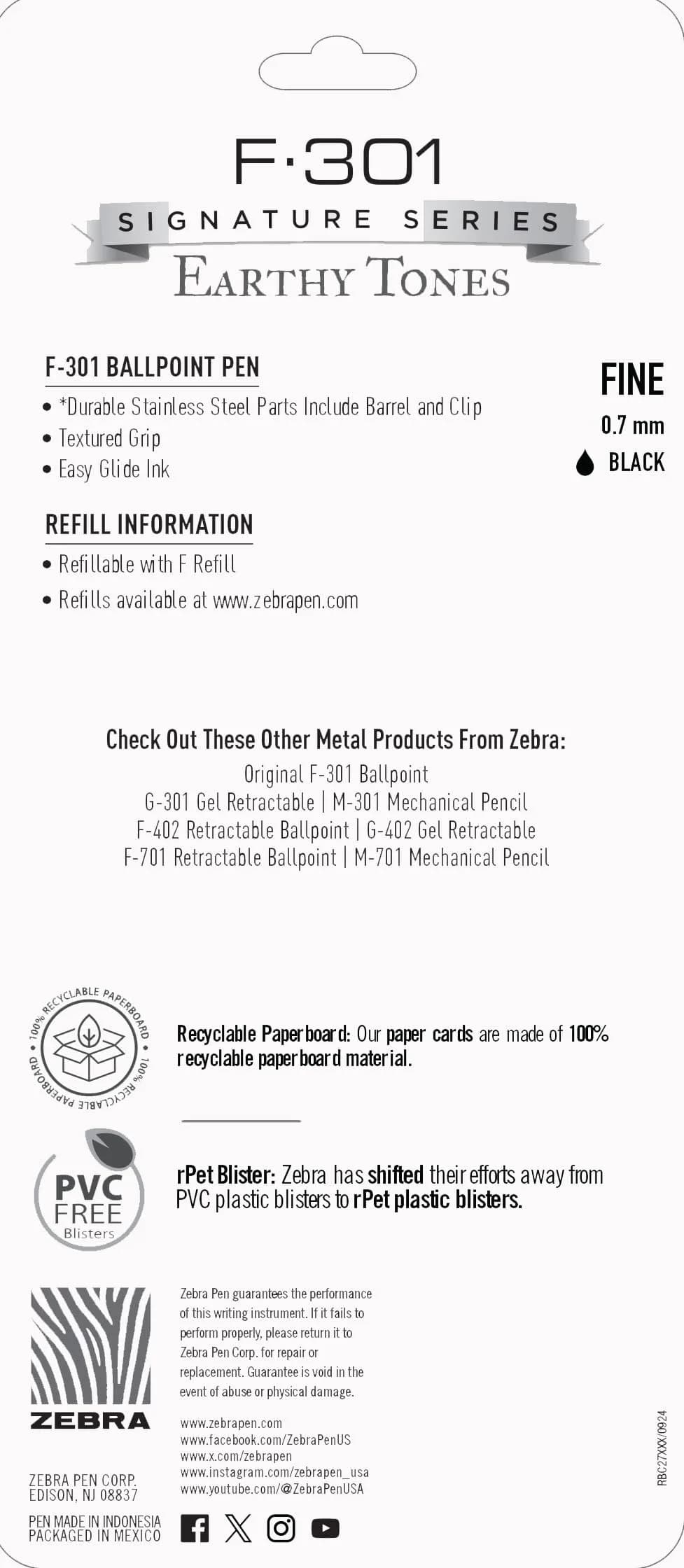 Zebra Pen F-301 Signature Series Retractable Ballpoint Pen, 0.7mm, Black Ink, Stainless-Steel Barrel, 4-Pack - view 6