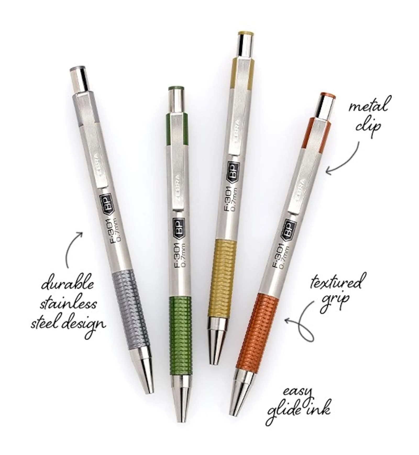Zebra Pen F-301 Signature Series Retractable Ballpoint Pen, 0.7mm Black Ink, Stainless-Steel Barrel, 4-Pack - view 4