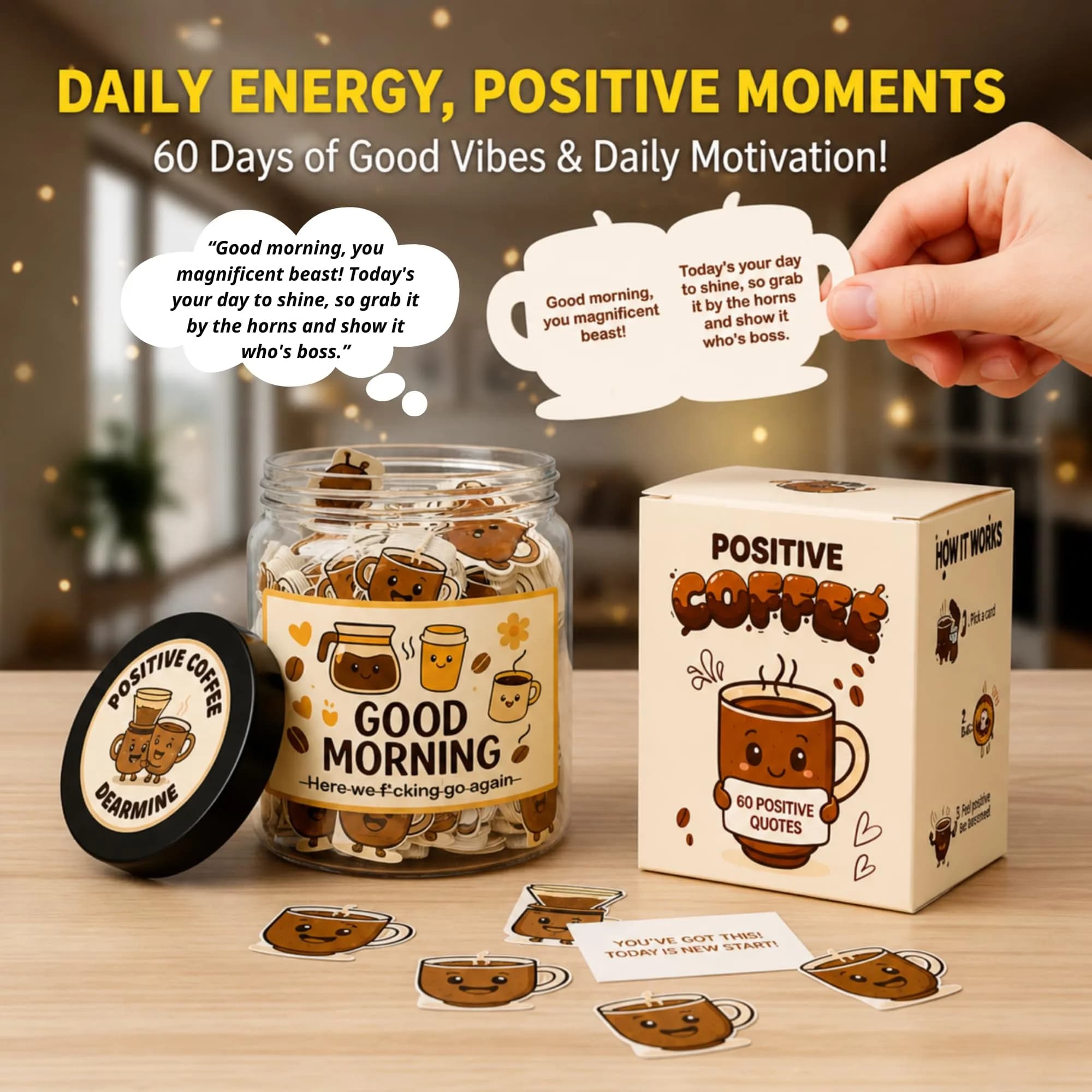 DEARMINE Positive Coffee Jar with 60 Affirmation Cards, 8.5 Ounces | Daily Positivity Boost - view 2