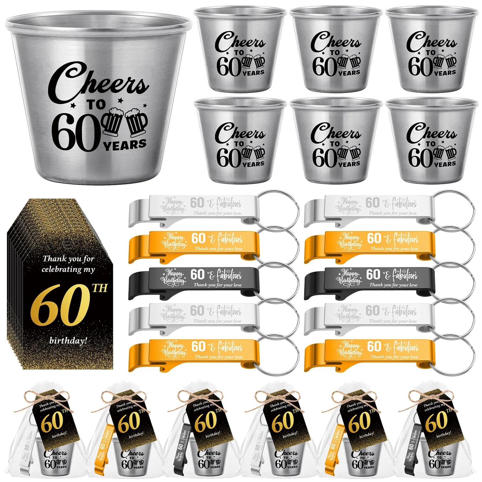 Domensi 60th Birthday Party Favors Set | Cheers to 60 Years Shot Glasses & Gifts (110 characters) — 60th
