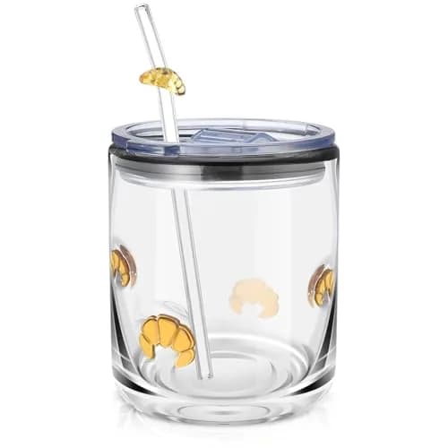 SiliFine Croissant 14 oz Glass Tumbler with Slider Lid & Straw | Durable, Elegant Drinkware for Home & Gifts thumbnail 1