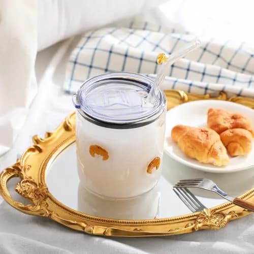 SiliFine Croissant 14 oz Glass Tumbler with Slider Lid & Straw | Durable, Elegant Drinkware for Home & Gifts thumbnail 4