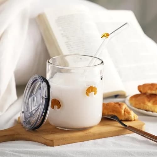 SiliFine Croissant 14 oz Glass Tumbler with Slider Lid & Straw | Durable, Elegant Drinkware for Home & Gifts thumbnail 2