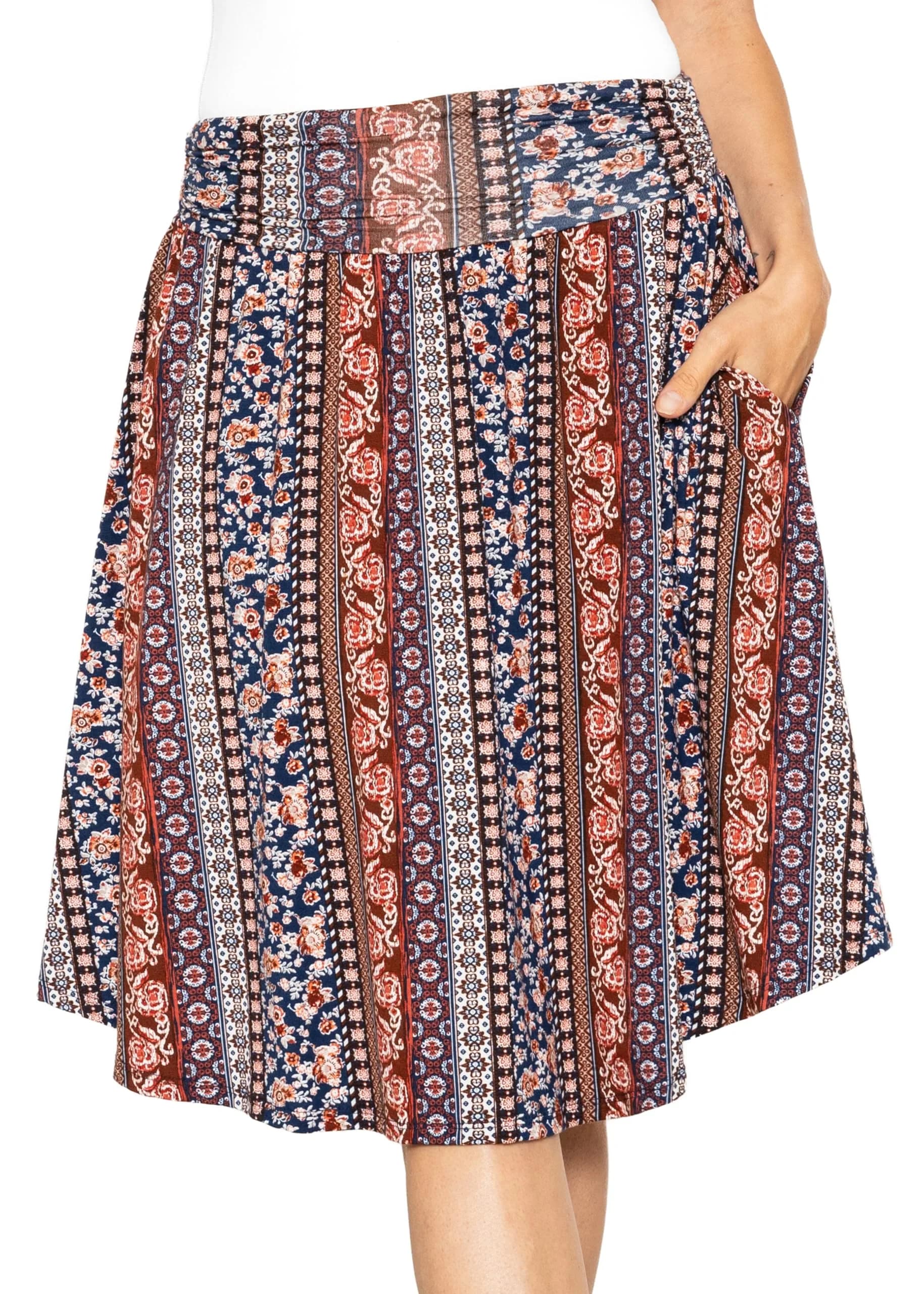STRETCH IS COMFORT Women's Pocket Skirt Grass Green 5X | Flared Mid Length with Pockets (70-120 chars) — Boho Natural Floral / Medium