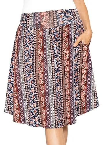 STRETCH IS COMFORT Women's Pocket Skirt Boho Natural Floral Medium | Flared Mid Length with Pockets thumbnail 1