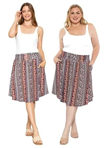 STRETCH IS COMFORT Women's Pocket Skirt Boho Natural Floral Medium | Flared Mid Length with Pockets thumbnail 2
