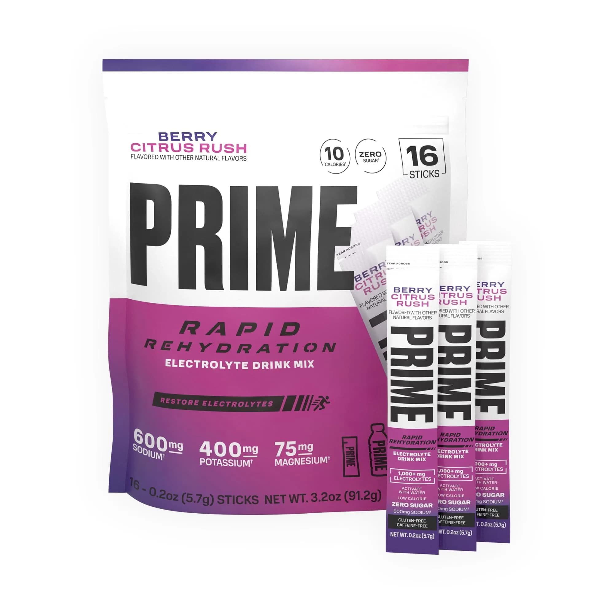 PRIME Rapid Rehydration Electrolyte Powder Sticks, Berry Citrus Rush | Sugar Free Hydration Drink Mix, 16 Count, USA Import