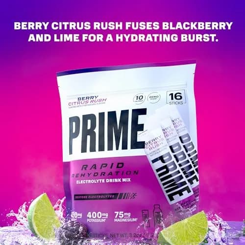PRIME Rapid Rehydration Electrolyte Powder Sticks, Berry Citrus Rush | Sugar Free Hydration Drink Mix, 16 Count, USA Import thumbnail 2