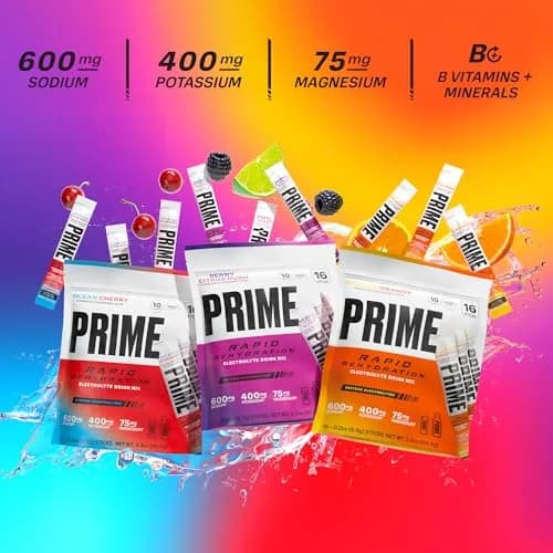 PRIME Rapid Rehydration Electrolyte Powder Sticks, Berry Citrus Rush | Sugar Free Hydration Drink Mix, 16 Count, USA Import thumbnail 3