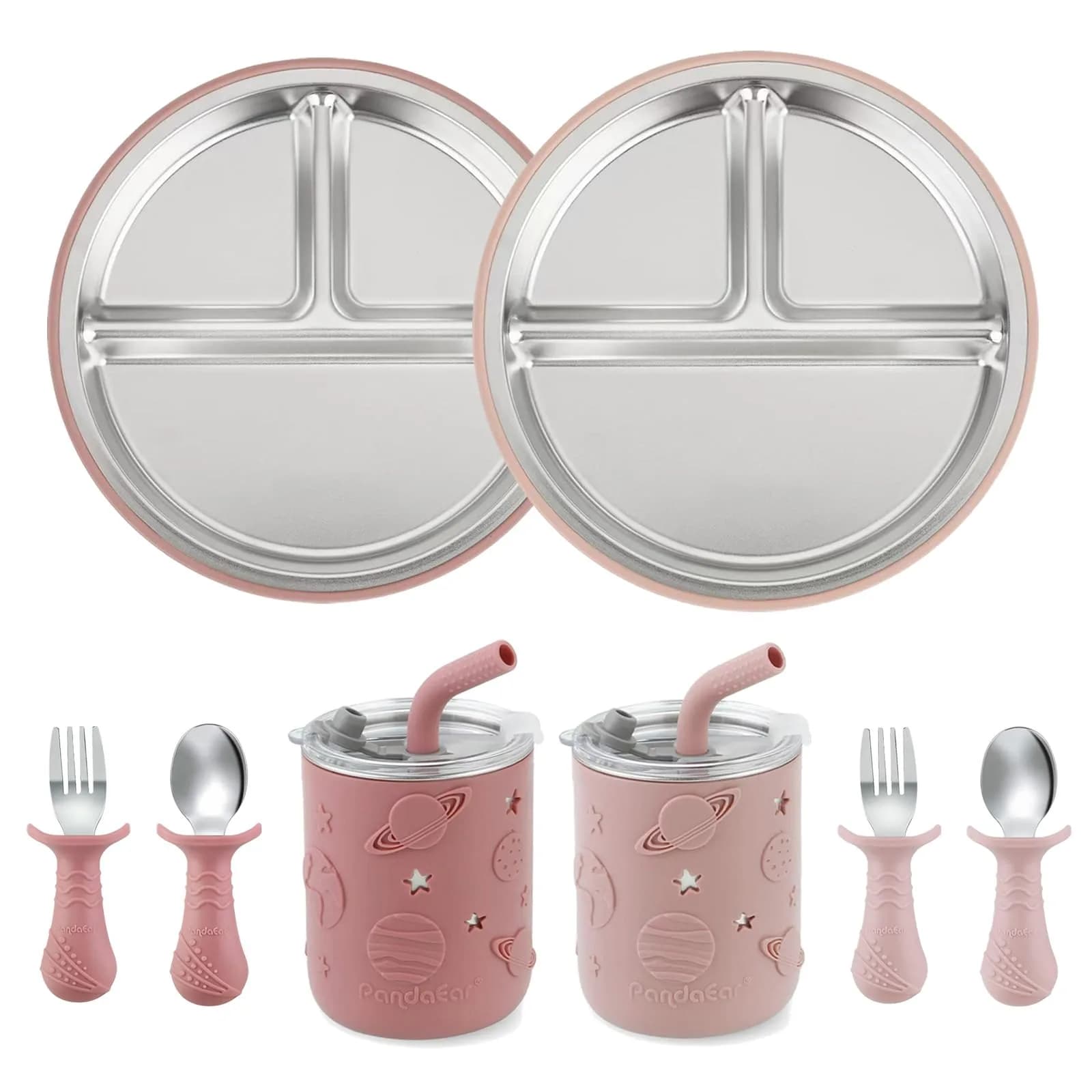 PandaEar Stainless Steel Baby Feeding Set | 2 Divided Plates, 2 Straw Cups, 2 Utensil Sets | 8-Piece Pink Set - main product image