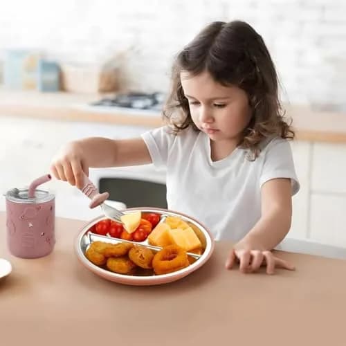 PandaEar Stainless Steel Baby Feeding Set | 2 Divided Plates, 2 Straw Cups, 2 Utensil Sets | 8-Piece Pink Set thumbnail 2