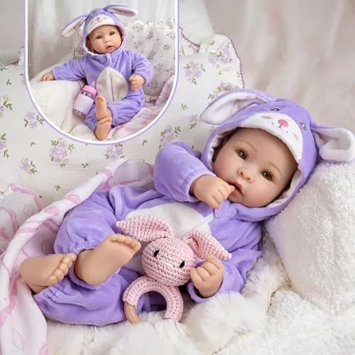 UOFTKIZ Realistic Baby Doll 17 Inch Soft Cloth Body with Purple Rabbit Outfit | Pretend Play Toy for Ages 3+ thumbnail 4