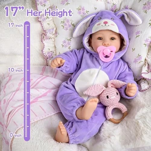 UOFTKIZ Realistic Baby Doll 17 Inch Soft Cloth Body with Purple Rabbit Outfit | Pretend Play Toy for Ages 3+ thumbnail 5