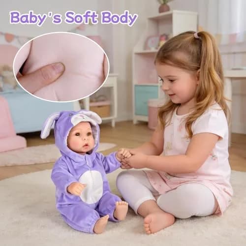 UOFTKIZ Realistic Baby Doll 17 Inch Soft Cloth Body with Purple Rabbit Outfit | Pretend Play Toy for Ages 3+ thumbnail 6