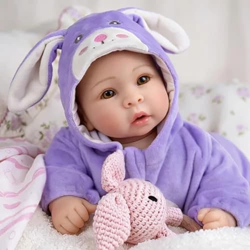 UOFTKIZ Realistic Baby Doll 17 Inch Soft Cloth Body with Purple Rabbit Outfit | Pretend Play Toy for Ages 3+ thumbnail 2