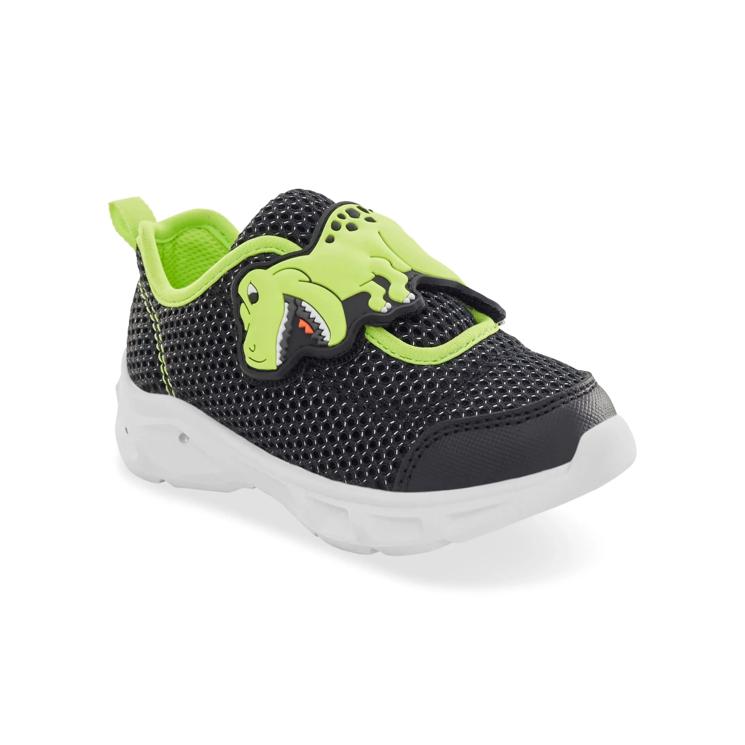 Carter's Hug Light-Up Sneakers for Girls, Black, Size M | Whimsical Dinosaur Design, Easy Hook & Loop Closure — Black