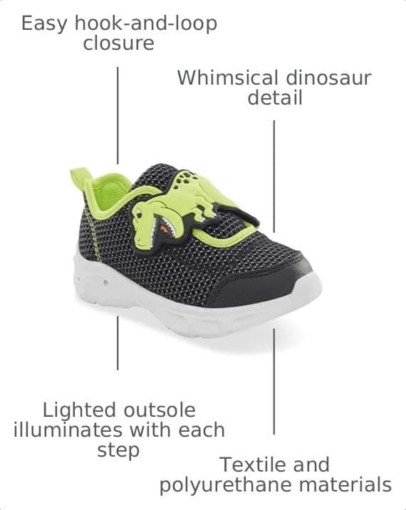 Carter's Hug Light-Up Sneakers for Girls, Black, Size M | Whimsical Dinosaur Design, Easy Hook & Loop Closure thumbnail 3