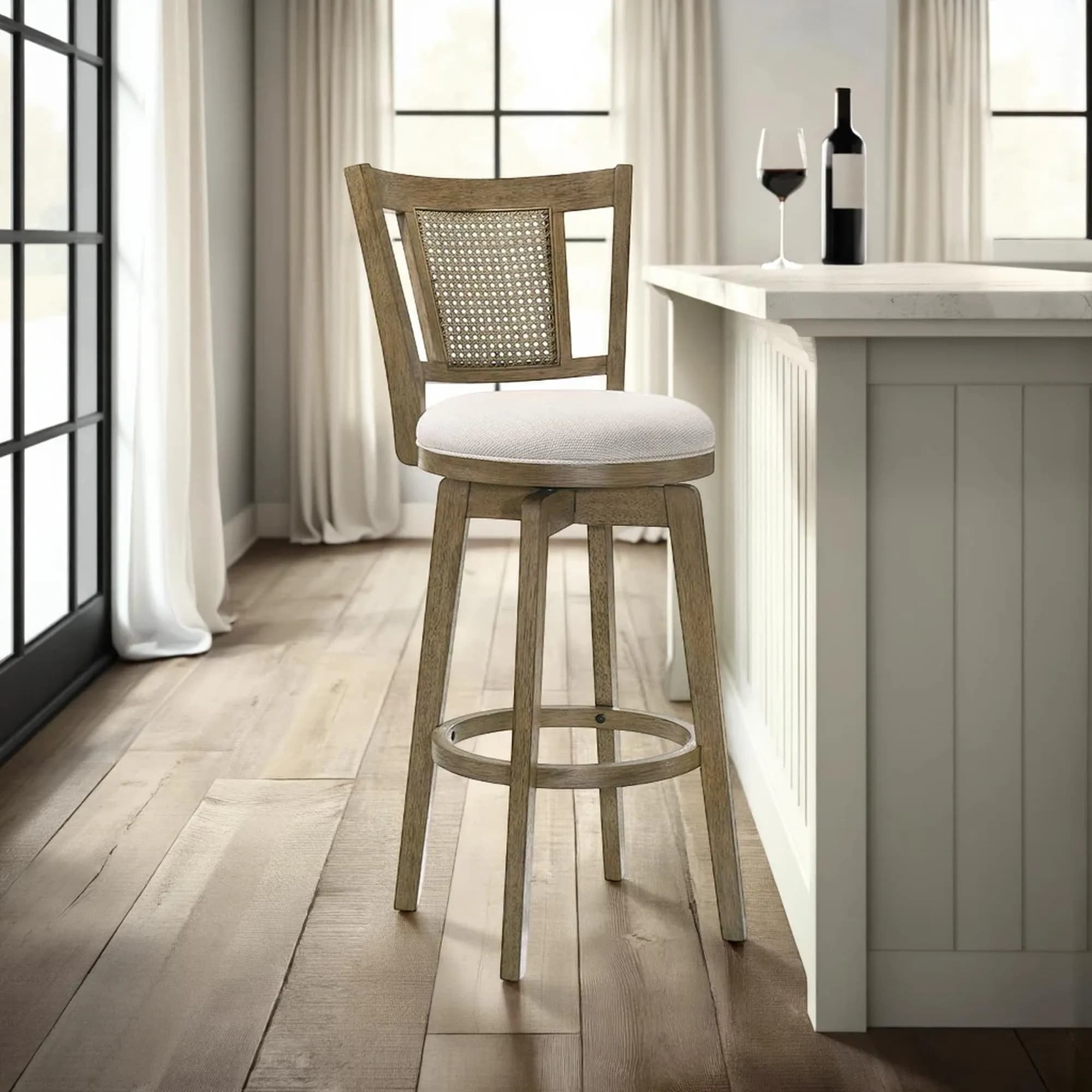 Armen Living Isla 26 in. Amber Glow Counter Height Rubberwood Swivel Barstool with Ivory Fabric Seat - Set of 3 — 30 in. Bar Height