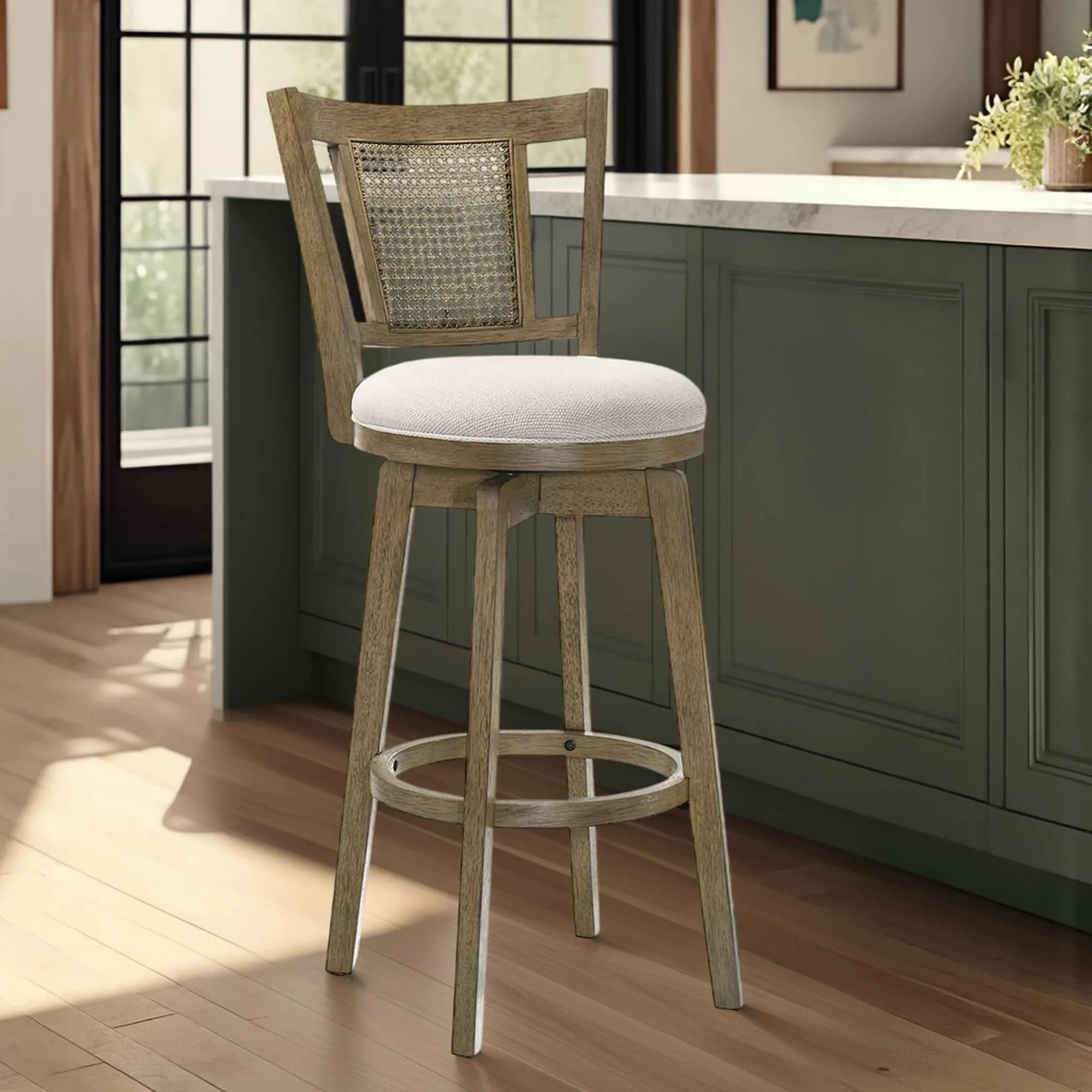 Armen Living Isla 26 in. Putty Brown Counter Height Rubberwood Swivel Barstool with Cream Fabric Seat — Cream