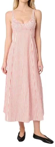 WEWOREWHAT Ruched Cup Midi Dress 4 | Vibrant Red Multi, Micro Stripe, Fall Style thumbnail 1
