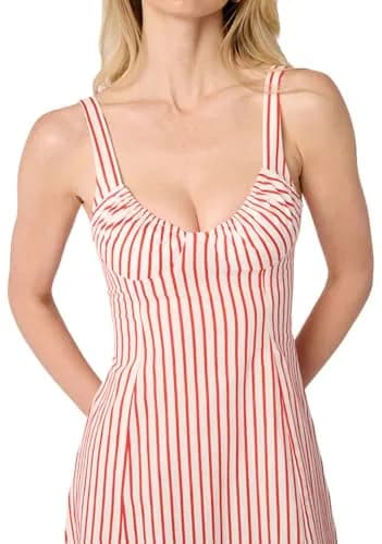 WEWOREWHAT Ruched Cup Midi Dress 4 | Vibrant Red Multi, Micro Stripe, Fall Style thumbnail 2