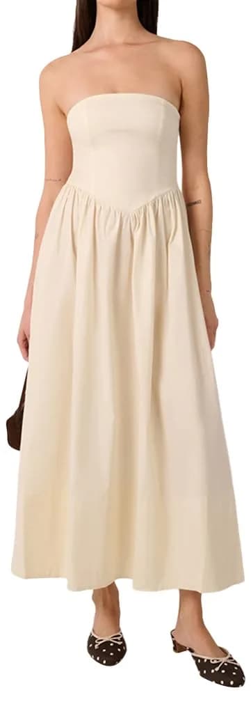 WEWOREWHAT Corset Maxi Dress Solid Ivory L | Strapless Cotton Maxi for Women