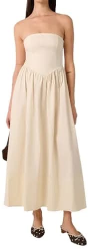 WEWOREWHAT Corset Maxi Dress Solid Ivory L | Strapless Cotton Maxi for Women thumbnail 1