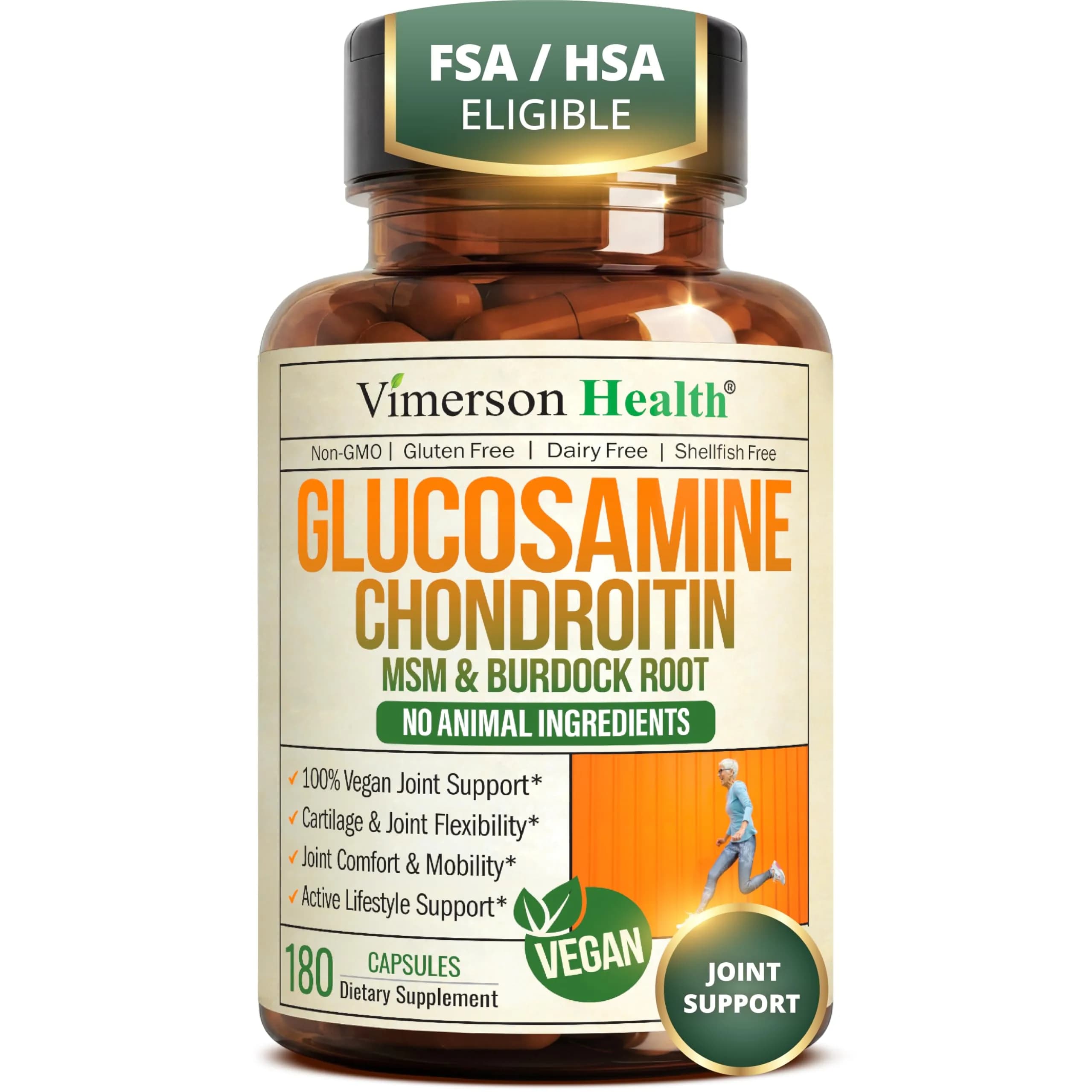 Vimerson Health Vegan Glucosamine Chondroitin MSM Joint Support Supplement, 180 Capsules | Joint Health for Active Lifestyles - main product image