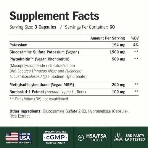 Vimerson Health Vegan Glucosamine Chondroitin MSM Joint Supplement 180 Capsules | Plant-Based Joint Support for Mobility & Comfort thumbnail 2