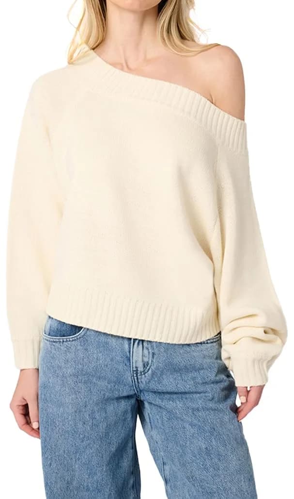 WEWOREWHAT Off Shoulder Sweater Solid Ivory X-Large | Oversized Knit Pullover for Women - main product image