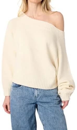 WEWOREWHAT Off Shoulder Sweater Solid Ivory X-Large | Oversized Knit Pullover for Women thumbnail 1