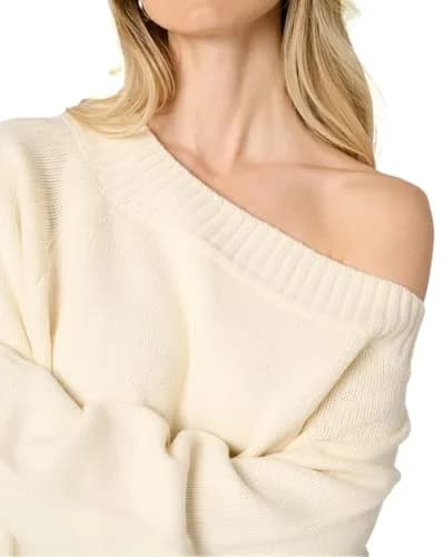 WEWOREWHAT Off Shoulder Sweater Solid Ivory X-Large | Oversized Knit Pullover for Women thumbnail 4