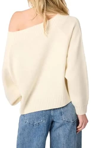 WEWOREWHAT Off Shoulder Sweater Solid Ivory X-Large | Oversized Knit Pullover for Women thumbnail 5
