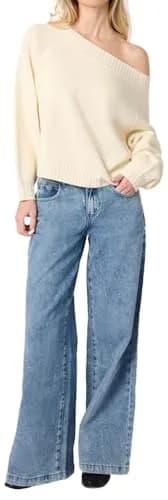 WEWOREWHAT Off Shoulder Sweater Solid Ivory X-Large | Oversized Knit Pullover for Women thumbnail 2