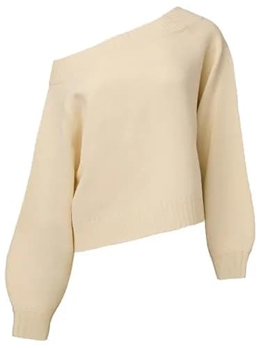 WEWOREWHAT Off Shoulder Sweater Solid Ivory X-Large | Oversized Knit Pullover for Women thumbnail 3