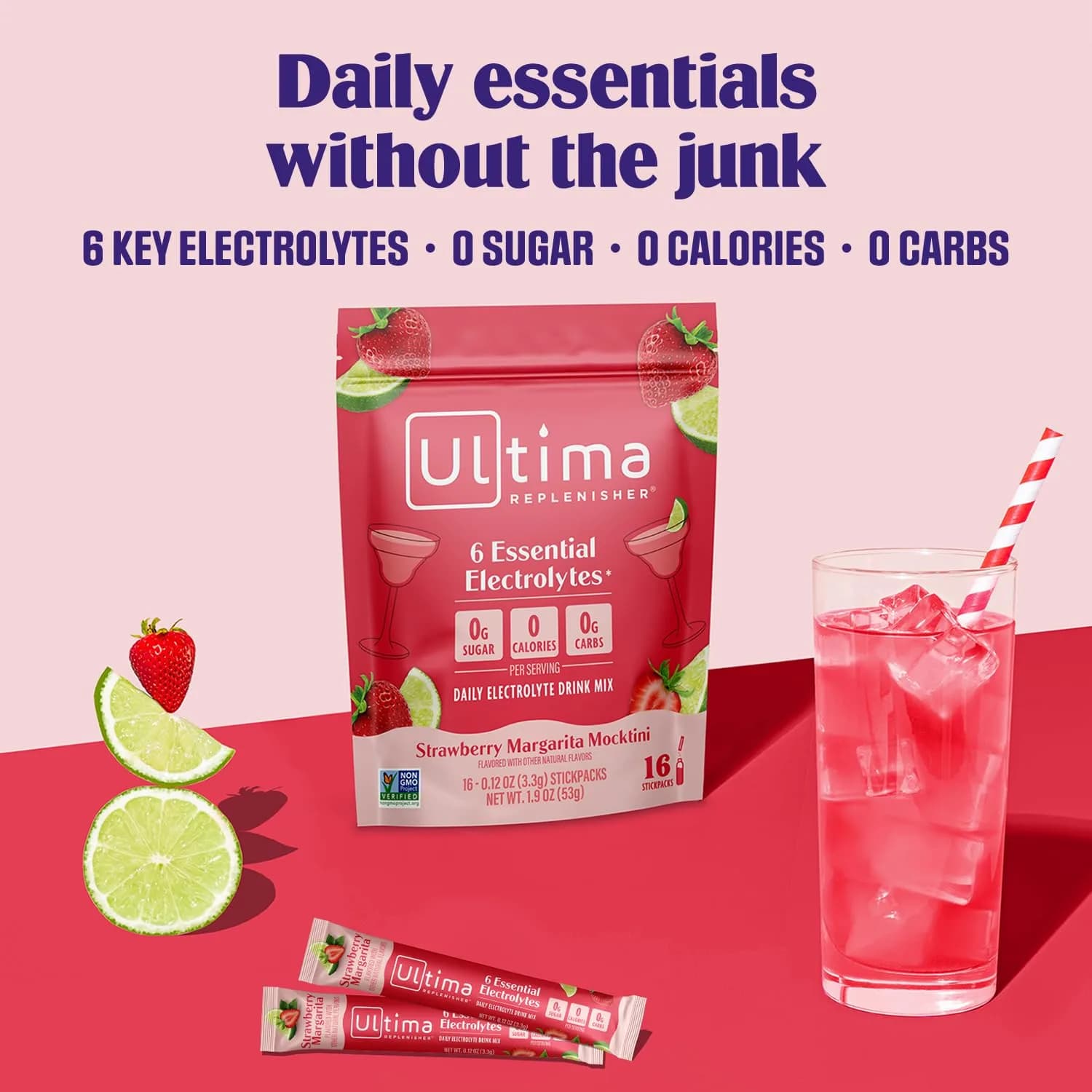 Ultima Replenisher Strawberry Margarita Electrolyte Packets 16 Stickpacks | Sugar-Free Hydration with 6 Key Electrolytes - view 2