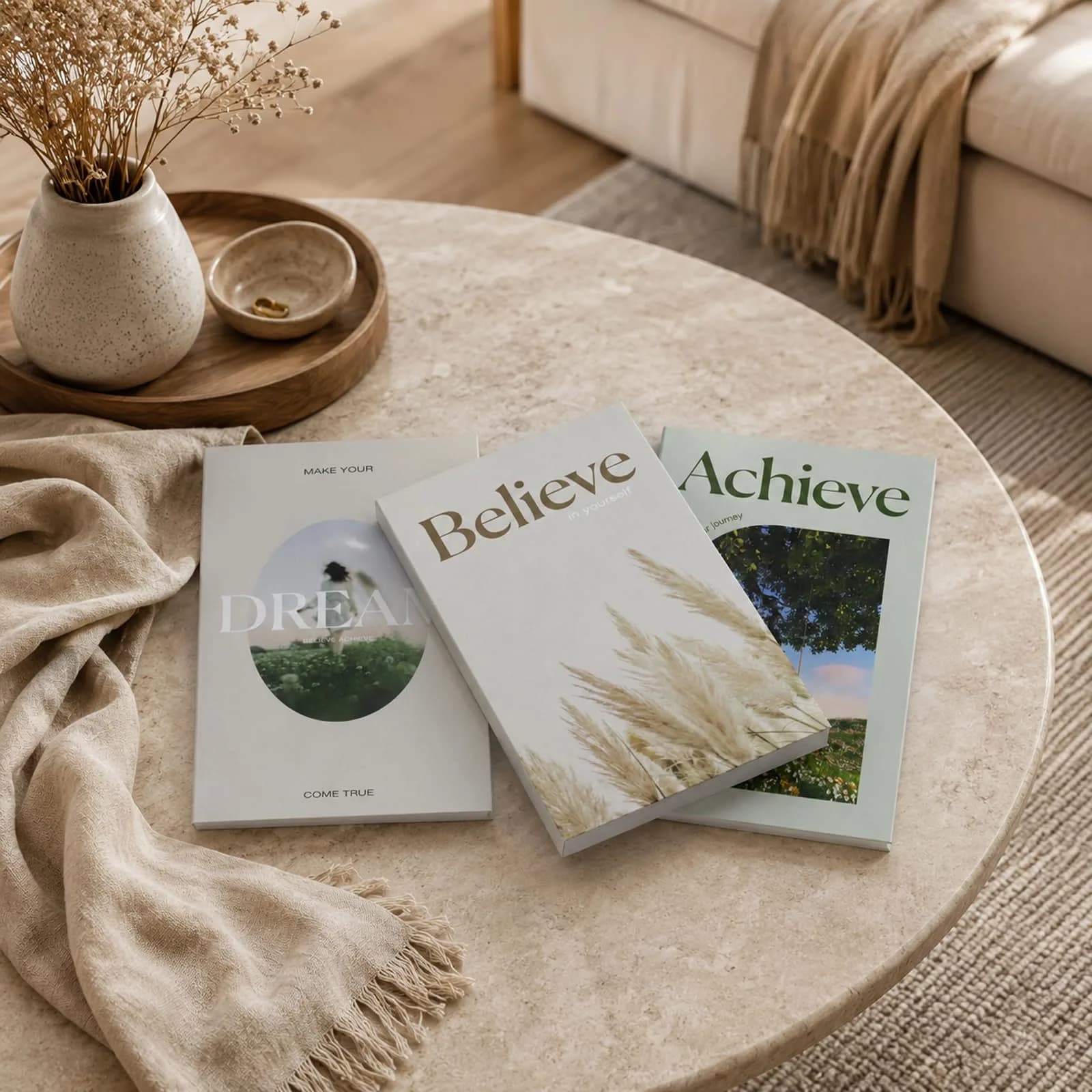 YOYMJBY Believe Achieve Dream Decorative Books 3 pcs (26.7 x 17 x 4.2 cm) | Aesthetic Home Decor for Coffee Tables & Shelves