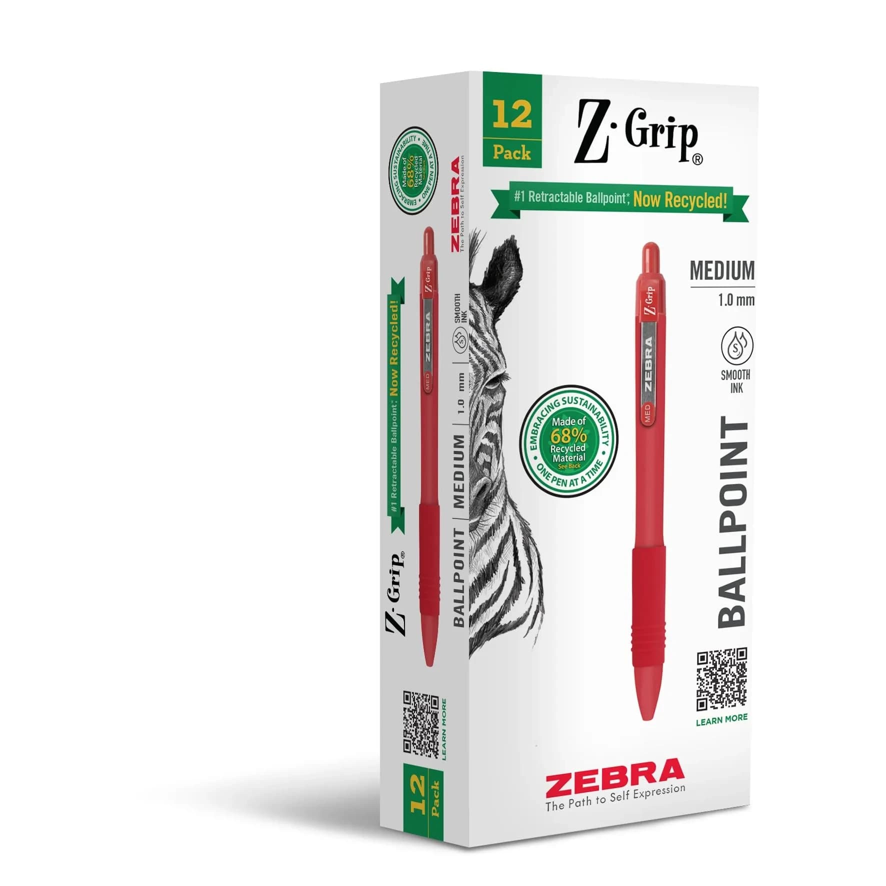 Zebra Pen Z-Grip Recycled Ballpoint Pens, Red Ink, 1.0mm, 12-Pack | Smooth Writing for Students & Professionals — Red B