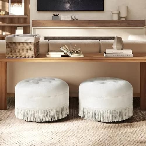 Jennifer Taylor Home Yolanda 24" Round Upholstered Accent Ottoman in Almond White Chenille | Vintage Chic, Multi-Functional thumbnail 5