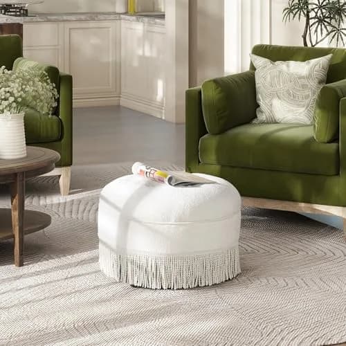 Jennifer Taylor Home Yolanda 24" Round Upholstered Accent Ottoman in Almond White Chenille | Vintage Chic, Multi-Functional thumbnail 4