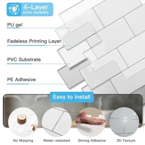 Art3d Subway Peel and Stick Backsplash 12.6 x 10.6 in Thickened Design | Modern White Tile for Kitchen & Bathroom thumbnail 7